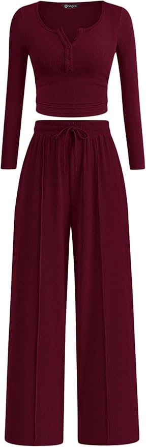 PRETTYGARDEN Women's 2026 Fall Trendy 2 Piece Outfits Lounge Sets Long Sleeve Top Henley Shirts Wide Leg Pants Travel Clothes