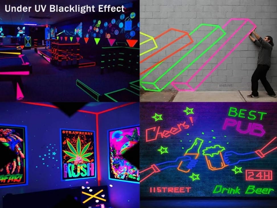 AISEY Neon Gaffer Cloth Tape, Fluorescent Colors Pro Gaff Tape UV Blacklight Tape for UV Party 0.6 inch x 16.5 feet, 5 Pack