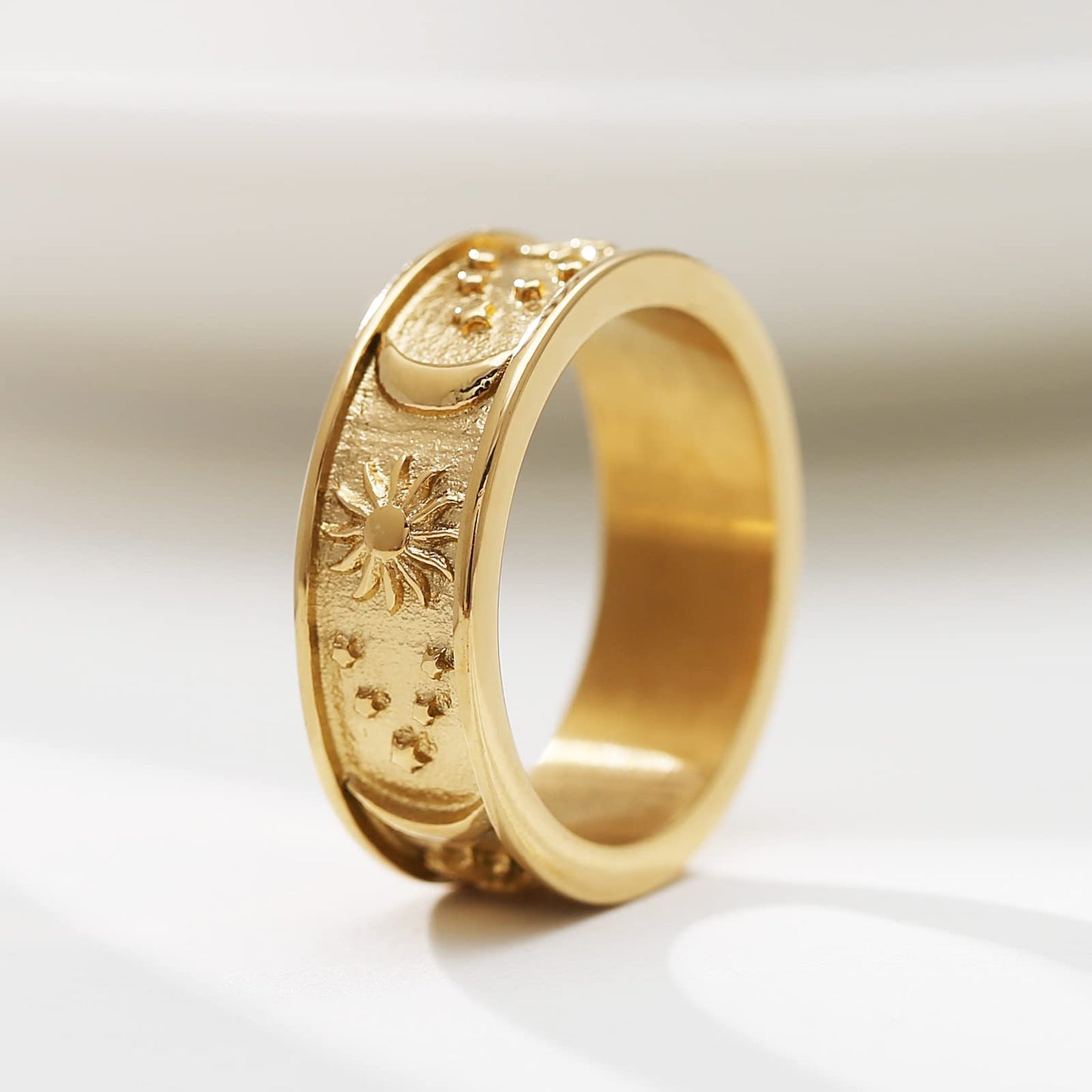 HZMAN 8mm Moon Star Sun Statement Ring Stainless Steel Boho Jewelry for Women Men (Gold, 7)