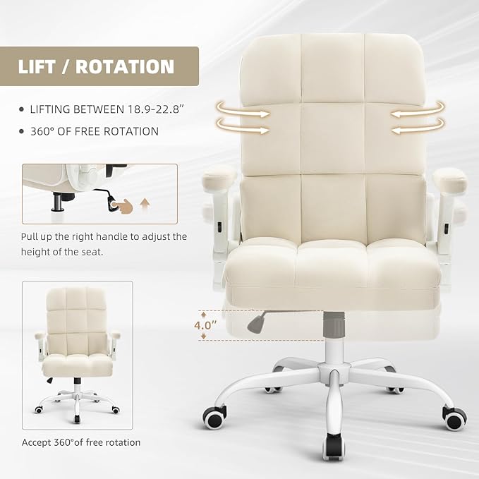 SEATZONE Home Office Chair–Beige Velvet Desk Chair with Wheels, Comfortable Computer Work Chair with Flip-up Arms and Adjustable Tilt