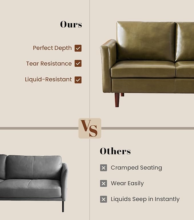 Kingfun Faux Leather 3 Seat Couch Set for Living Room, Mid Century Modern Sofa with Rolled Arms and Deep Seats, Fluffy Comfort for Apartment, Easy to Assemble, Olive Green Sofa and Loveseat