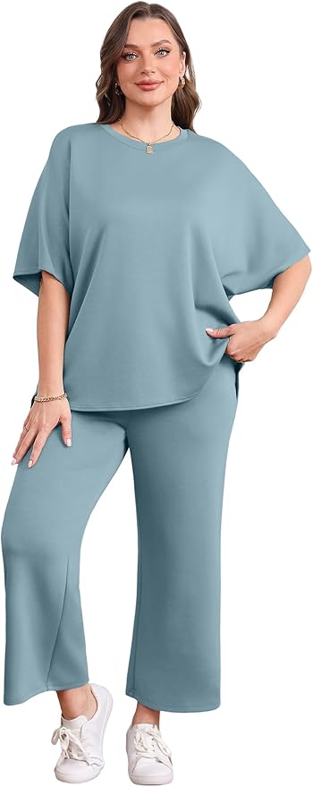 Sampeel Two Piece Sets for Women Summer Outfits Oversized Wide Leg Crop Pants Lounge Sets Airport Beach Vacation Clothes