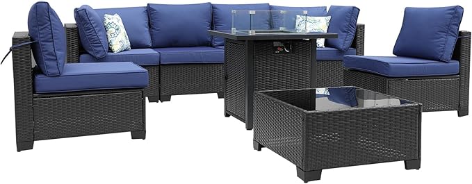 3D MATRIX 8 Pieces Patio Furniture Set with 28" Fire Pit Table, Wicker Outdoor Sectional Couch, Rattan Conversation Set for Backyard, Deck, Garden Lawn, Coffee/Blue
