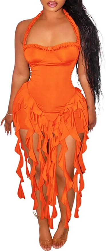 Vakkest Women Summer Halter Neck Dress Sexy Asymmetrical Ruffle Fringe Bodycon Party Birthday Short Mini Dresses