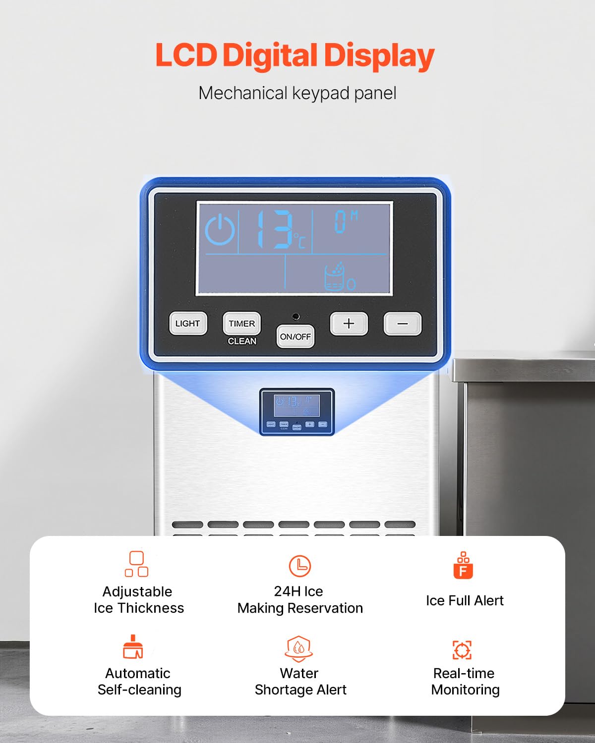VEVOR Commercial Ice Maker Machine, 100lbs/24H Ice Maker Machine with 33lbs Storage Capacity, 45 Ice Cubes in 15 Minutes, LED Digital Display Freestanding Self-Cleaning for Bar Office Restaurant