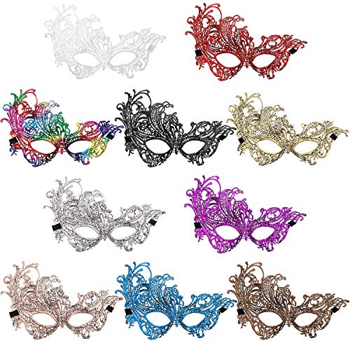 JOVITEC 10 pcs Multicolored Masquerade Masks for Women Lace Venetian Masks Halloween Carnival Mari Grass Costume Party