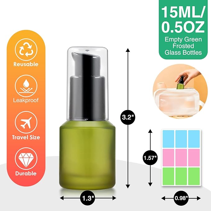 3PCS 15ML/0.5OZ Empty Green Frosted Glass Bottles with Pump Refillable Vial Cosmetic Dispenser Jars Storage Travel Lotion Container Portable Sample Bottle for Toiletries,Foundation,Cream,Gel,Lotion