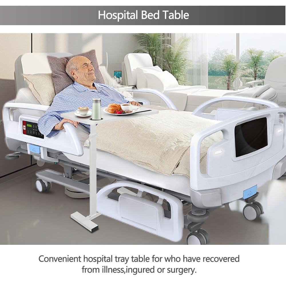 BeGyoku Overbed Table,Over The Bed Table with Hidden Wheels&Cup Holder,Adjustable Bedside Table and Rolling Table Tray&Laptop Cart,Hospital Table Over Bed for Home Use-White