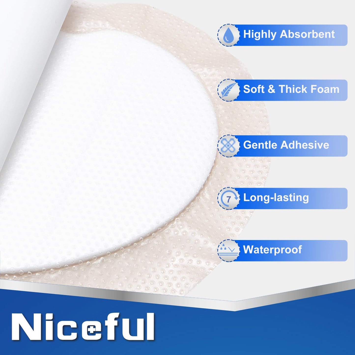 Niceful Sacral Foam Dressing 9" x 9" - Border Sacrum Bandage for Bed Sores Pressure, Silicone Adhesive Wound Dressing Pads for Large Wound, 5 Count