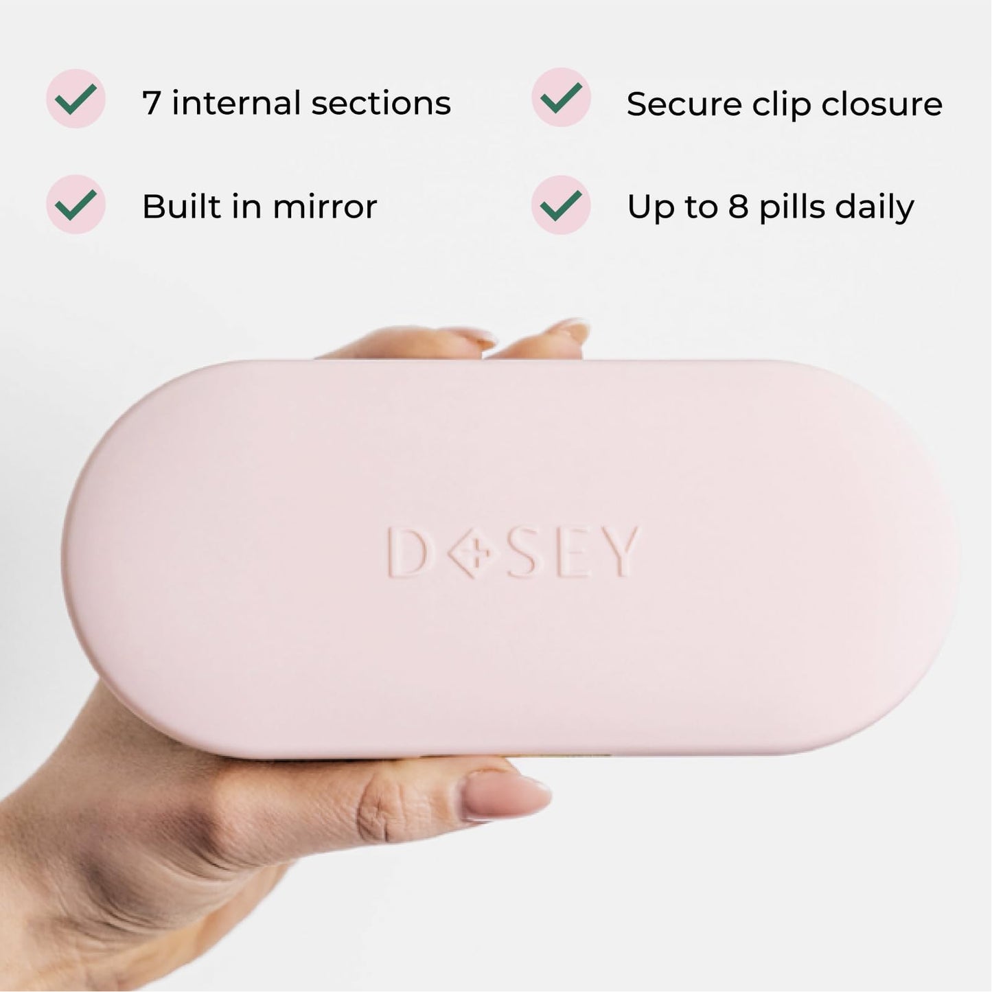 Dosey 7 Day Pill Compact Travel Pill Organizer - Pill Case with 7 Pill Compartments for Medicine Storage & Protection – Stylish & Elegant Medication Organizer with Mirror, Blush