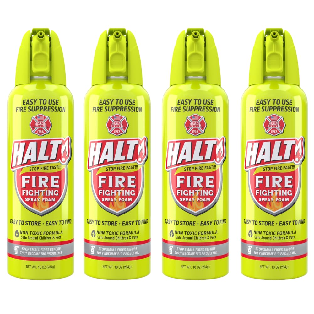 HALT! 10oz Fire Safety Spray – Non-Toxic, PFAS-Free Handheld Fire Suppressor – Easy to Use, Store & Find – Compact & Portable for Home, Kitchen, Car, BBQ, Camping & Tailgate – Made in USA (4pk)