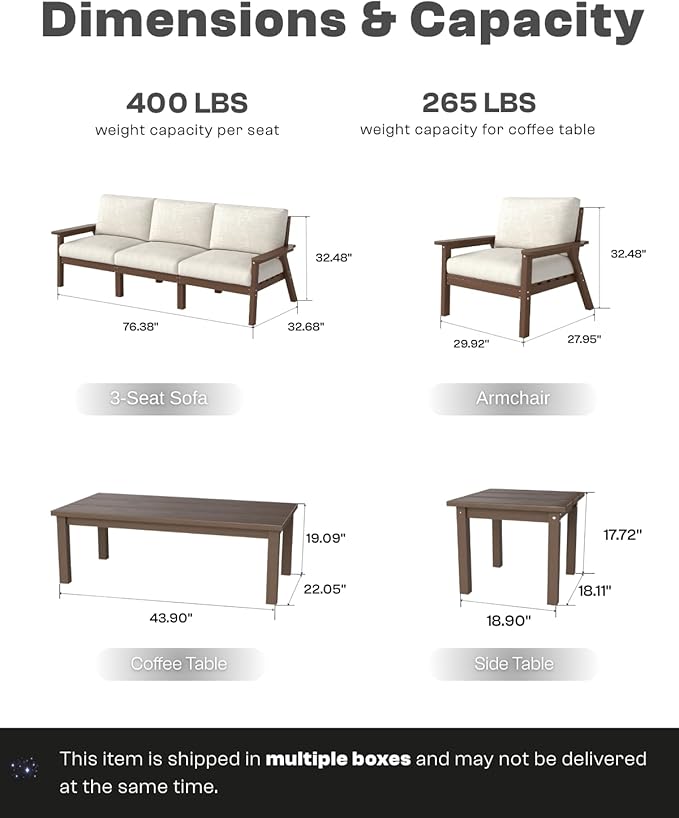 Patio Kingdom HDPE 7 Piece Patio Furniture Set, HDPE Outdoor Sectional with with Beige Thick Cushions, Coffee Table and Side Table, Patio Conversation Sets for Lawn, Garden, Porch (Brown Frame)