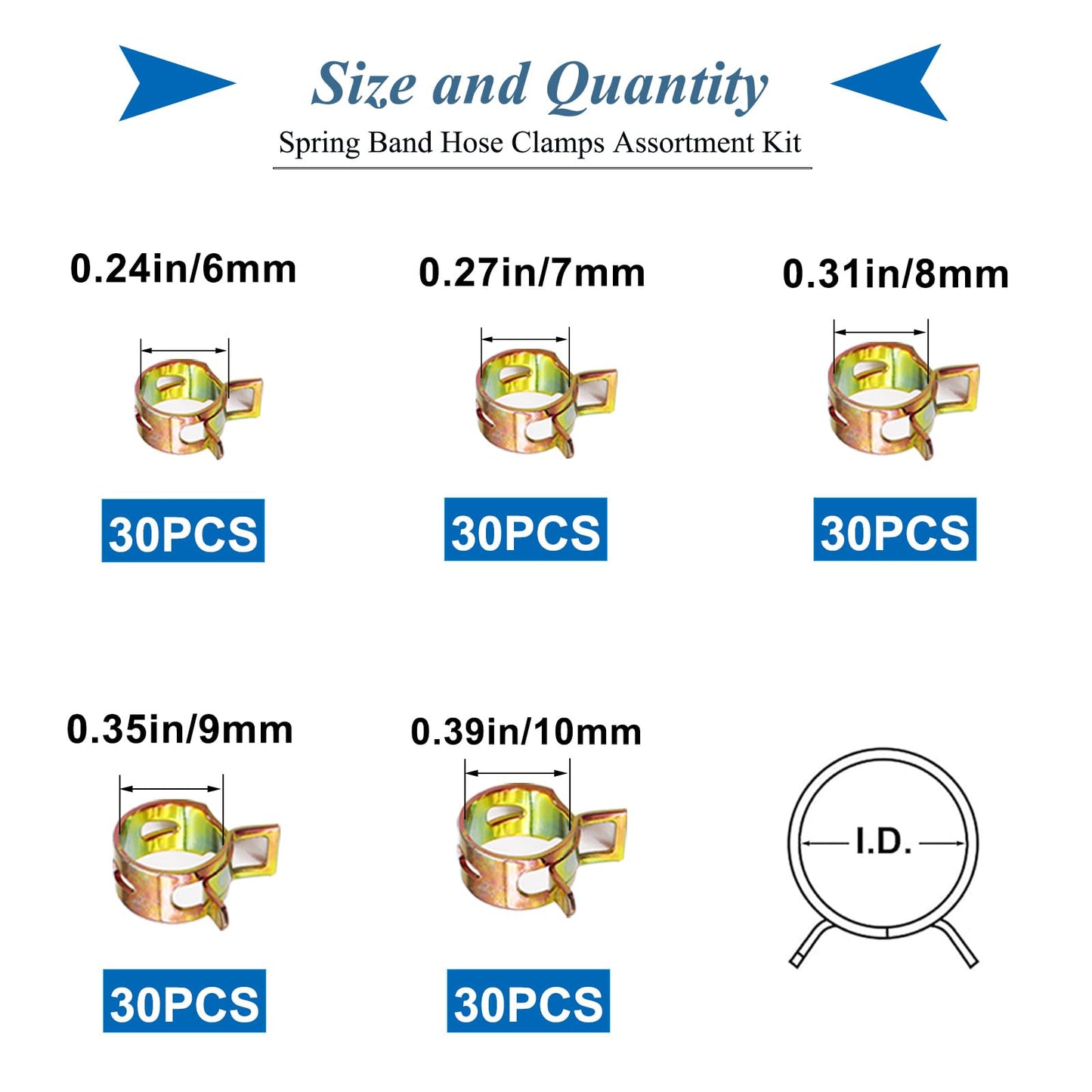 Sunxeke 150Pcs Spring Band Hose Clamps Assortment Kit,5 Sizes Fuel Line Hose Clamps,Low Pressure Air Clip Strap Clamp for Silicone Vacuum Hose Clamp Fuel Line Clamps (6mm 7mm 8mm 9mm 10mm)