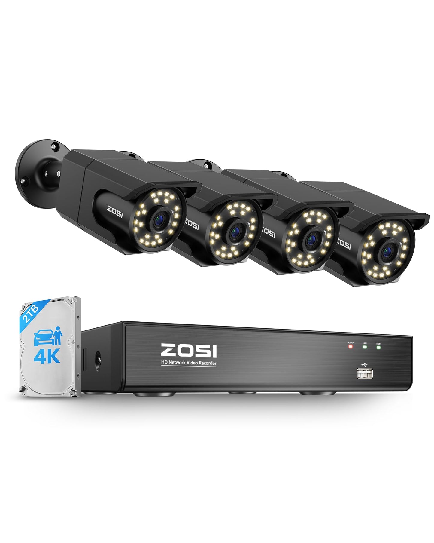 ZOSI 4K PoE Security Camera System, H.265+ 8CH NVR with 2TB HDD (16CH Expandable), 4 x 8MP Wired IP PoE Cameras Outdoor Indoor, Human/Face/Vehicle Detect, One-Way Audio, Color Night Vision, Spotlight