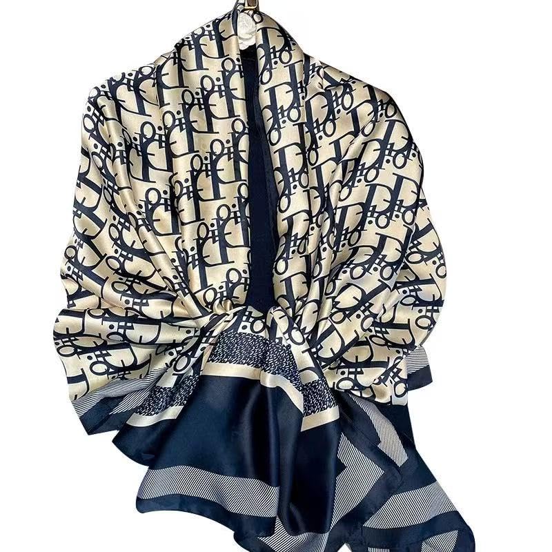 Designer Monogram Print Silk Scarf, Navy Blue and White, Luxury Fashion Accessory for women