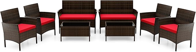 RELAX4LIFE 8-Piece Patio Furniture Set - Rattan Outdoor Conversation Bistro Set w/Cushions, Glass Coffee Table, Wicker Chairs & Loveseat for Garden Backyard Porch, Balcony Furniture Set (2, Red)