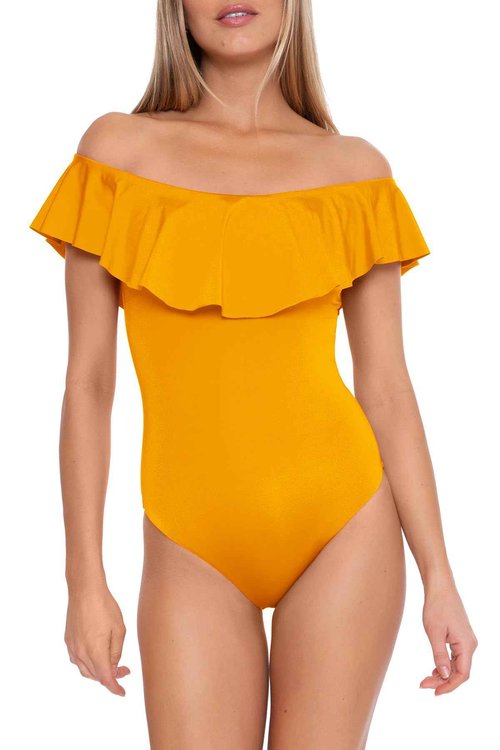 Trina Turk Monaco - Women's Ruffle Bandeau One Piece Swimsuit, Off Shoulder, Bathing Suits for Women, Mellow Yellow, 14
