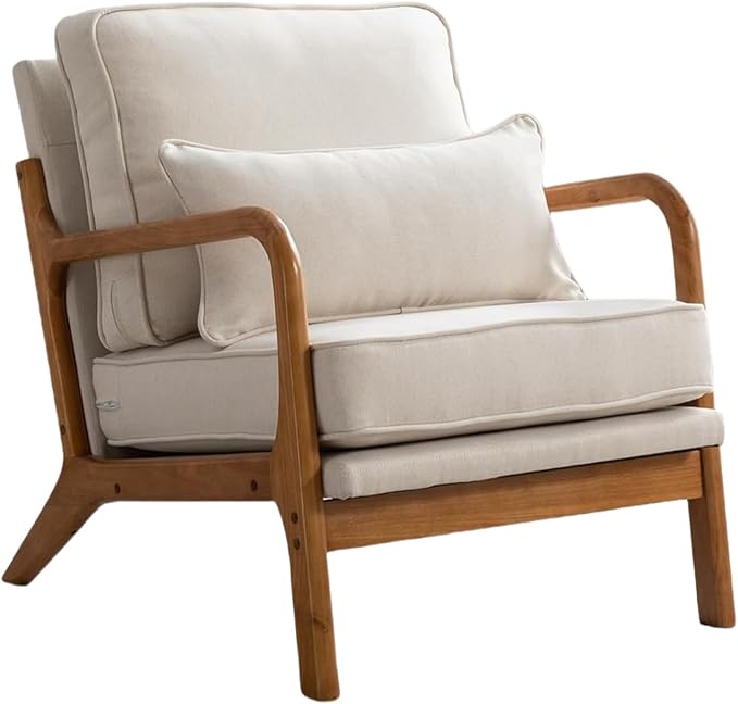 SEYNAR Mid-Century Accent Chair Set of 2, Linen Fabric Lounge Chair with Wide Armrest,13-16.5'' Low Seat Height Armchair with Lumbar Pillow & Solid Wood Frame for Living Room, Bedroom, Balcony(Beige)