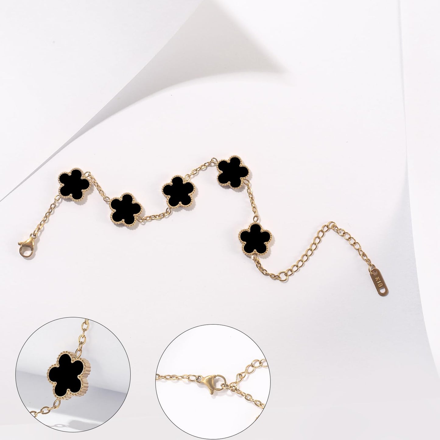 GRBeid 18K Gold Plated Clover Bracelet Dupes Gold/Black/White Bracelet Set for Women Flower Leaf Lucky Clover Bracelets Trendy Danity Jewelry Birthday Gifts for Women/Mom/Friends/Sister/Besties