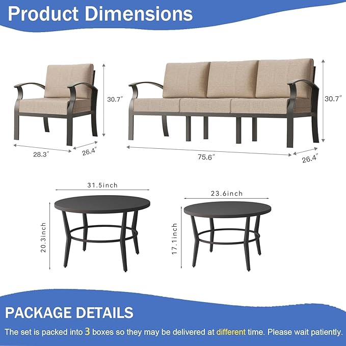 RTDTD Aluminum Outdoor Patio Furniture Set,5 Seats Patio Conversation Sets with 2 Round Coffee Tables,Metal Patio Sectional Furniture Set with 5.1" Thickened Cushions,Sand