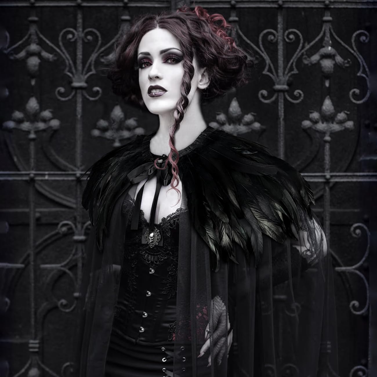 L'VOW Women Black Feather Cloak Gothic Feather Collar Tulle Cape Vampire Cloak Witches Cape Cosplay Costume