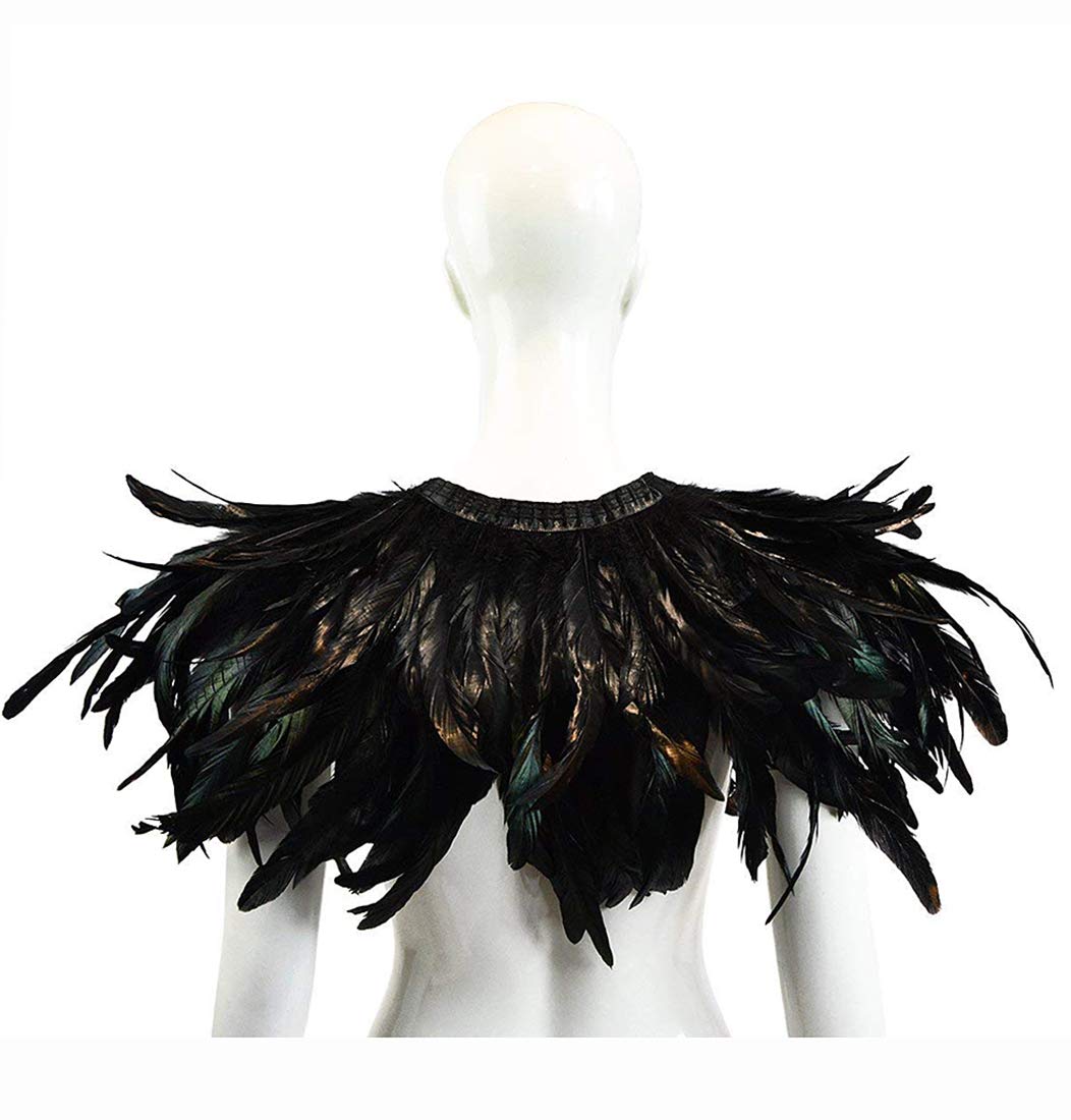 L'VOW Women Gothic Black Feather Cape Shawl Demon Witch Ox Horns Halloween Crow Evil Queen Costume(Style-1)