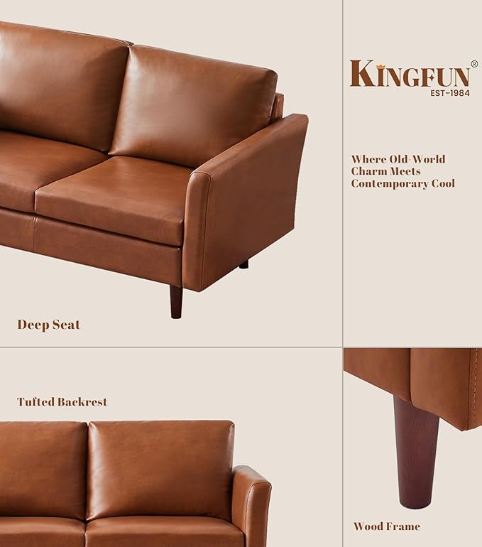 Kingfun Faux Leather 2 Seat Couch for Living Room, Mid Century Modern Sofa with Rolled Arms and Deep Seats, Fluffy Comfort for Apartment, Easy to Assemble, Chestnut