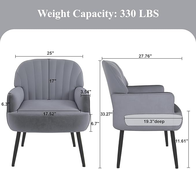 Holiway Velvet Accent Chair, Upholstered Modern Leisure Single Sofa Side Chair, Comfy Tufted Back Armchair with Metal Legs for Living Room/Bedroom/Office/Reading Room, Grey