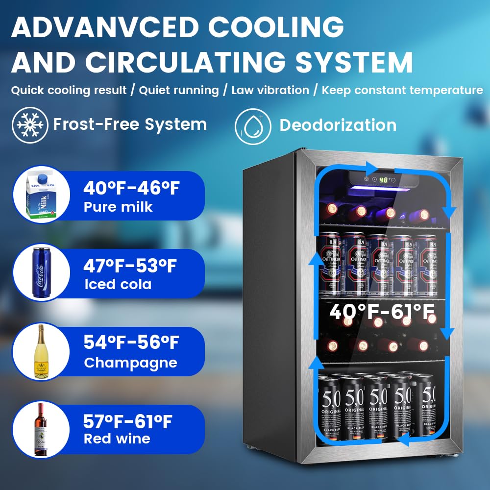 Electactic Mini Fridge 130 Can Beverage Refrigerator Cooler, 3.1 Cu.Ft Drink Fridge Silver Glass Door for Soda Wine Beer, Digital Temperature Control Cooler for Home,Bar