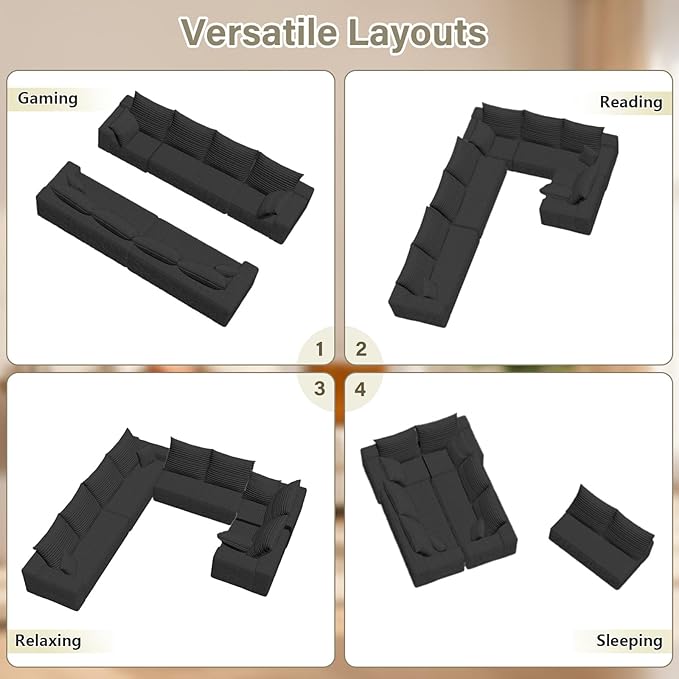 Sectional Cloud Couch for Living Room, Modular Floor Deep-Seat Sofa, Big Comfy Corduroy Couches Set with Fluffy Memory Foam, Stupendous U Shaped Sofas with 12 Pillows, No Assembly Required, Black