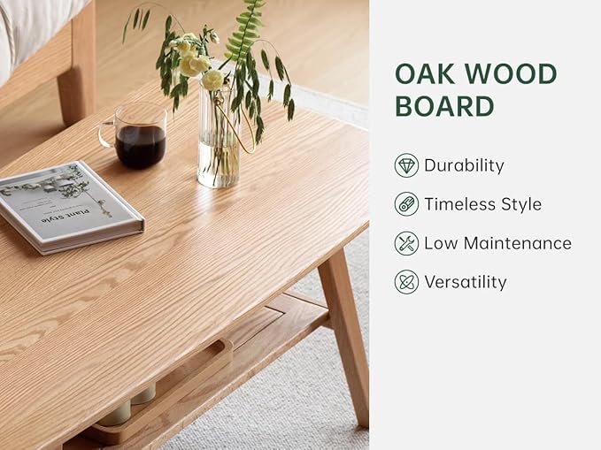 Wayshome 100% Solid Oak Wood Coffee Table for Living Room, 2-Tier Coffee Tables with Shelf Storage, Mid Century Modern Table with Rounded Corners (Natural Colour, 47.24" W x22.05 D x 17.32" H)