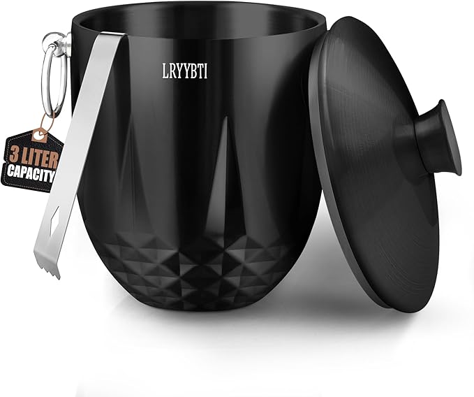 3L Ice Buckets for Parties and Cocktail Bar with Stainless Steel Lid,Tongs & Strainer(Black) Double-Wall Insulated Metal I...