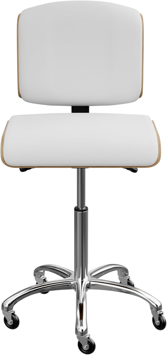 Spa Numa Bentley Beauty Esthetician Nail Salon Stool Rolling Chair with Adjustable Backrest, Flat Square Seat, Metal Bar, Vegan Leather Upholstery for Beauty Exam Office and Home - 1071 (White)