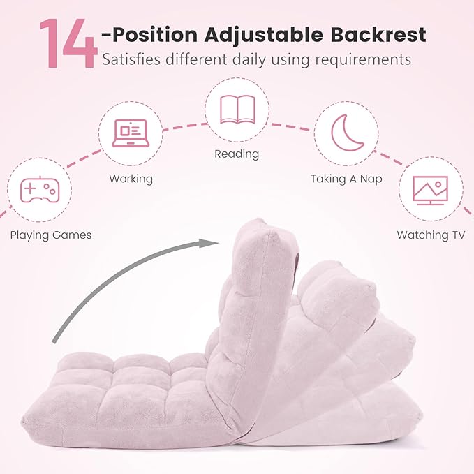 MAT EXPERT 14-Position Floor Chair, Floor Gaming Chair w/Soft Coral Fleece, Alloy Steel Frame, Padded Lazy Couch Recliner, Floor Chair with Back Support for Reading, Meditating (Pale Pink)