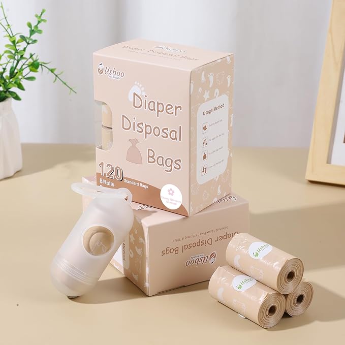 Diaper Bags Disposable for Baby, Biodegradeable Dirty Diaper Bags (8 Refill Rolls/120 Bags) with Dispenser, Leak Proof Diaper Trash Bags, Baby Poop Bags, Cherry Blossom Scent