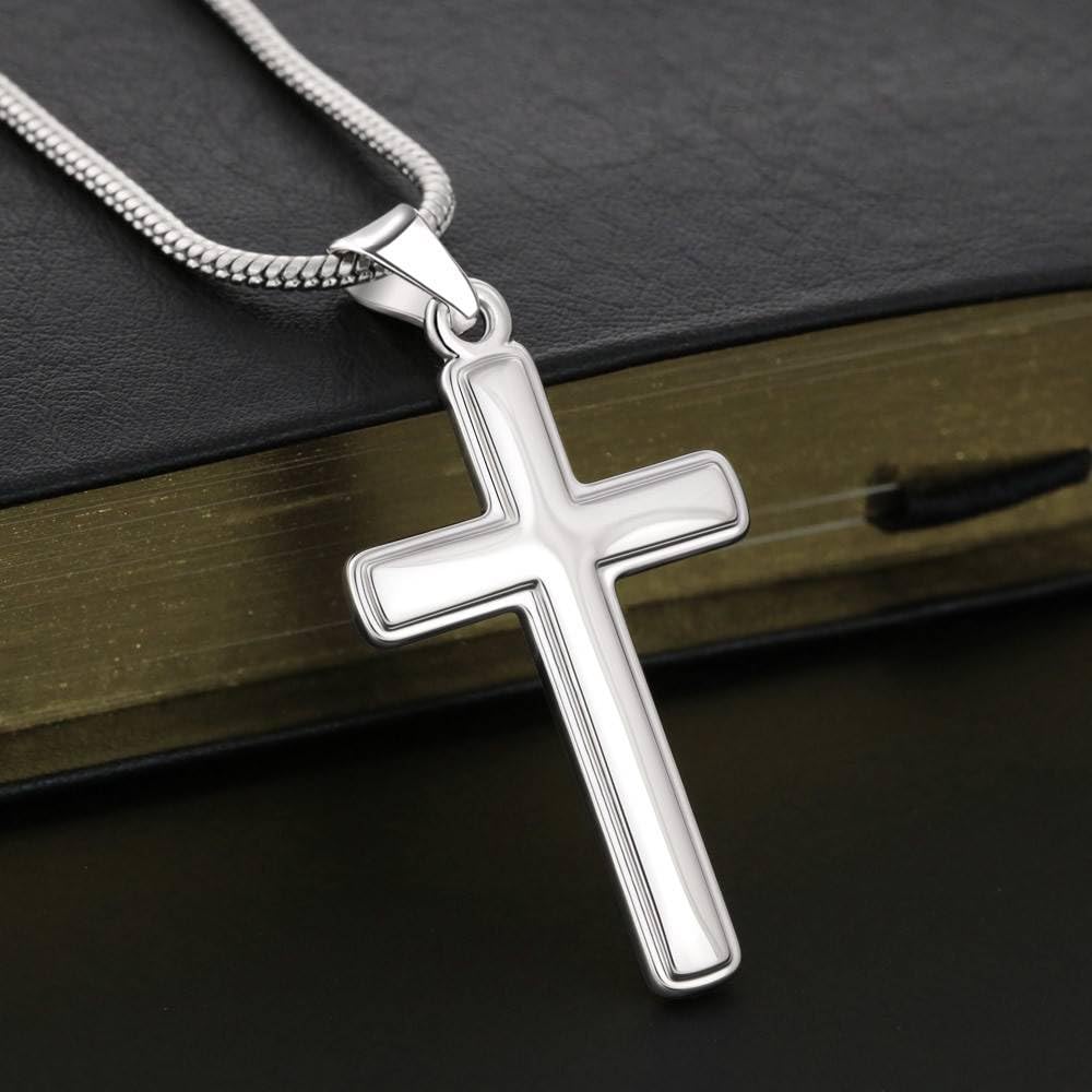FLOWER TKV My Grandson Personalized Cross Necklace, Gift For Grandson From Grandma Grandpa, Graduation Birthday Birthday Christmas Cross Necklace Gift (Luxury Box w/LED, Brave &Strong)
