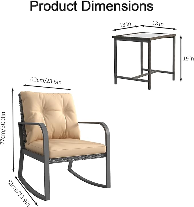 HLNPTN 3 Piece Patio Outdoor Rocking Chair, Outdoor Bistro Sets Wicker Patio Furniture Rocking Chairs Sectional Couch (Khaki)