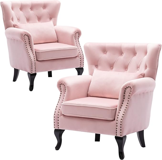 DM Furniture Set of 2 Mid Century Modern Accent Chair for Living Room, Velvet Armchair with Tufted Back and Wood Legs, Upholstered Lounge Armchair Single Sofa for Bedroom, Light Pink