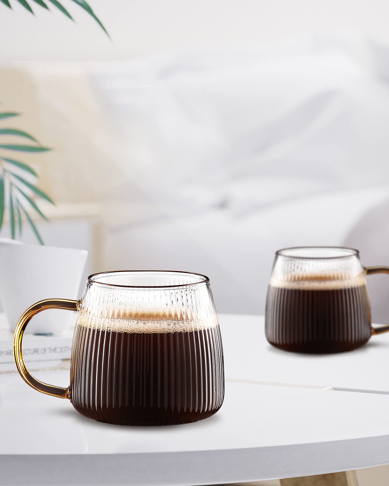 Luxtea Vintage Glass Coffee Mugs Set of 2 Ribbed Drinking Glasses Clear Tea Cups Borosilicate Glass Cup in Vertical Stripes Pattern for Cappuccino,Latte,Beverage (14 Fl.Oz.,Yellow Handle)