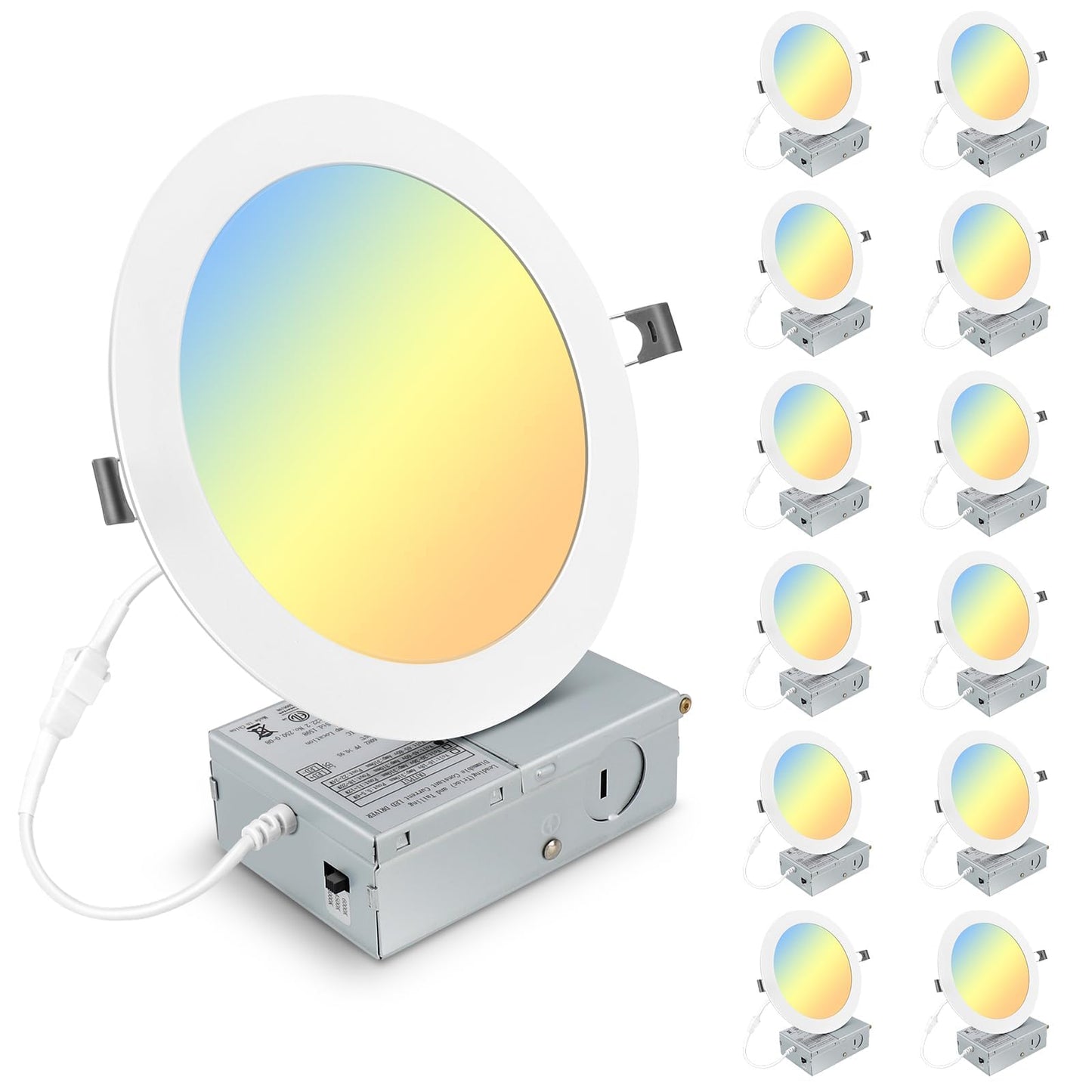 Elaruslux 12 Pack 7 Inch 3CCT Ultra-Thin LED Recessed Light with Junction Box, 3000K/4500K/6000K Selectable, 18W Eqv 125W, Dimmable Canless Downlight, 1600LM High Brightness