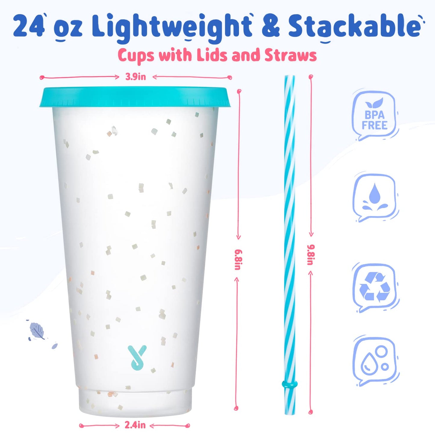 Meoky Confetti Color Changing Cups with Lids and Straws for Iced Coffee, Party, Pool - 6 Pack 24oz Reusable Plastic Tumblers for Kids and Adults