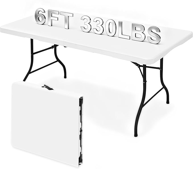 Keycozy Heavy Duty 6ft Folding Table, Portable Fold-in-Half 6 Foot Foldable Table, Table of Utility Dining Indoor Outdoor ...