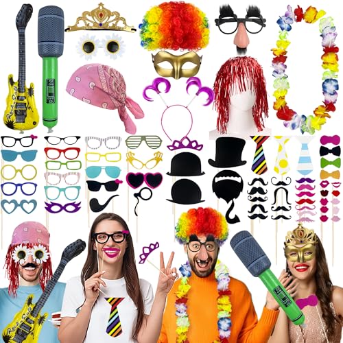 69PCS Colorful Photo Booth Props Set Novelty Funny Hats Wigs Glasses Props Sign Perfect for Graduation Birthday Bacheloret...