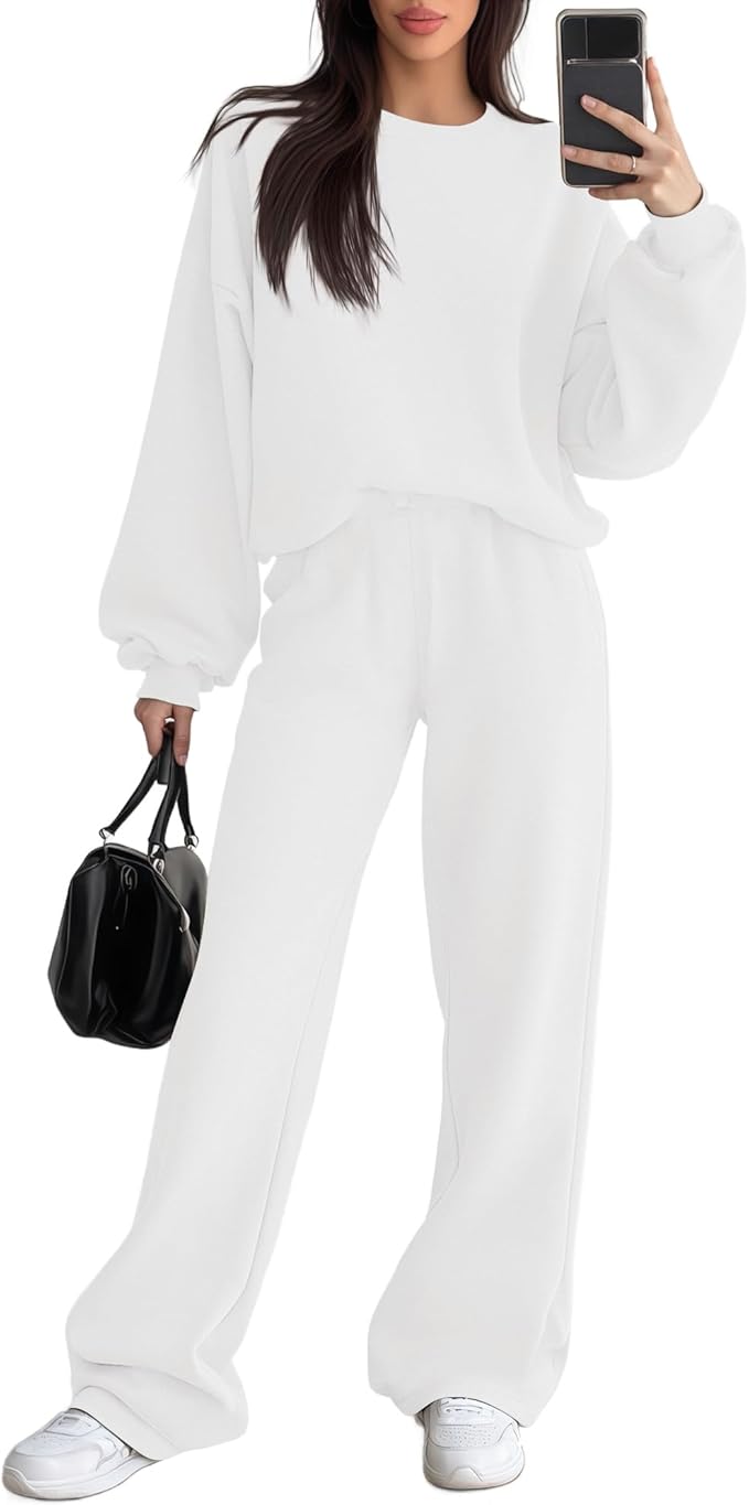 Sweetyweee Women's 2 Piece Outfits Set Fleece Lined Lounge Sweatsuit Crewneck Pullover Top Wide Leg Pants Casual Tracksuit