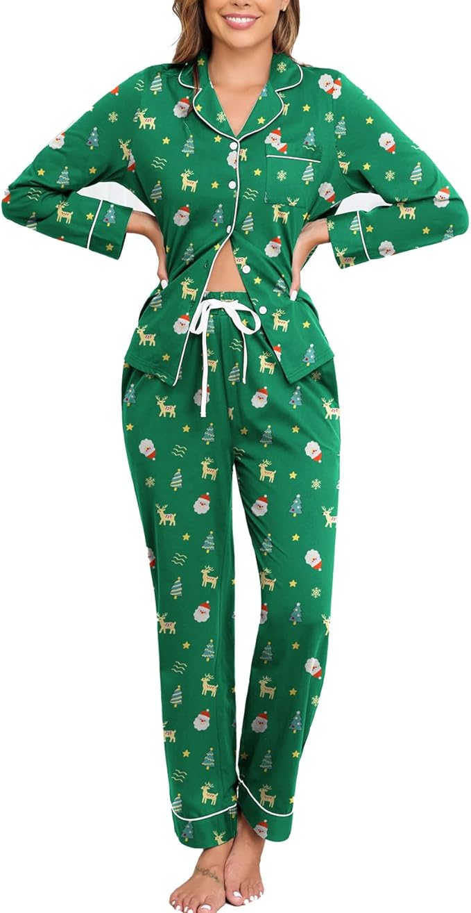 Veseacky 100% Cotton Pajamas for Women Set Long Sleeve Button Down Sleepwear Soft Pjs Lounge Sets with Pockets XS-XXL