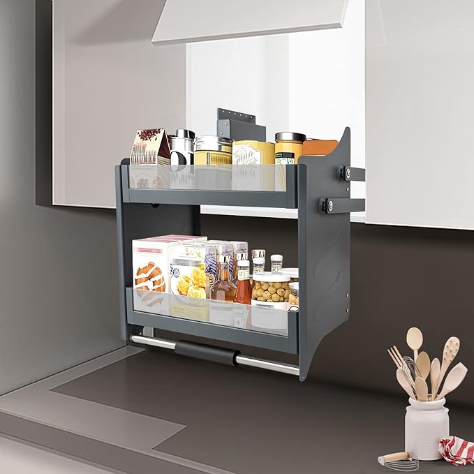Pull Down Shelf Organizer,Upper Kitchen Wall Cabinet Storage with 3 Adjustable Load,Spice Rack Organizer(24inch Cabinet),Dual Tier Wall Mounted Pantry Storage
