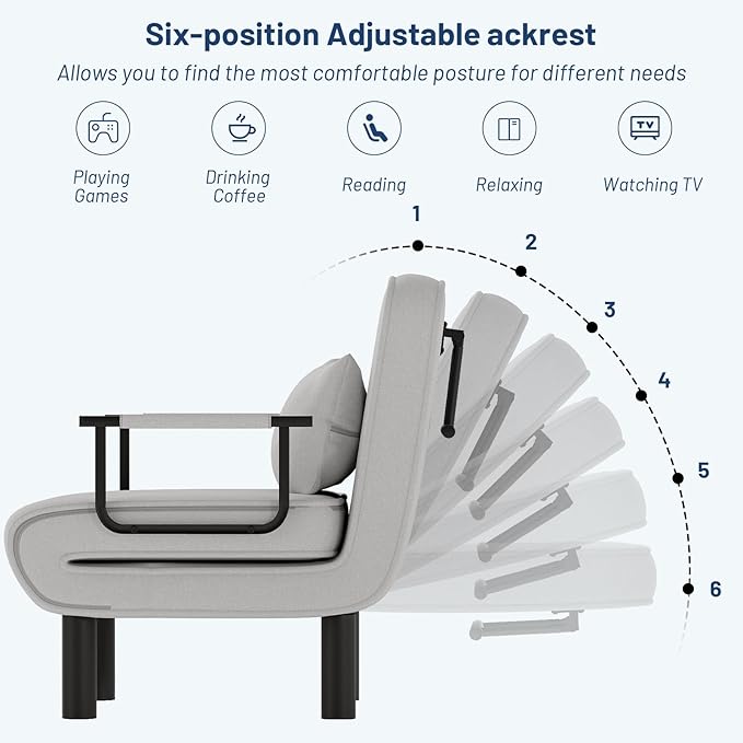 Furniliving 4 in 1 Folding Sofa Bed Chair, Convertible Sleeper Chair Bed with 6-Position Adjustable Backrest, Upholstered Chaise Lounge with Pillow, Accent Chairs for Bedroom, Linen, LightGrey, 2