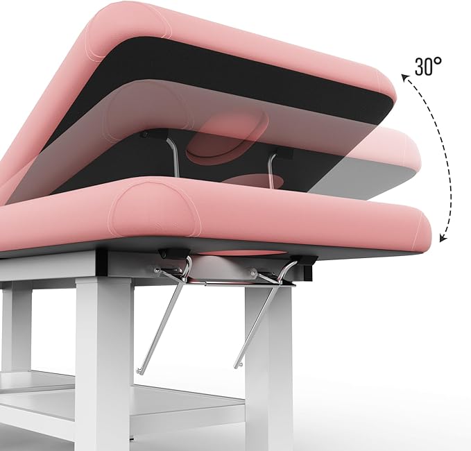 pouseayar Metal Frame Wide Stationary Massage Table for Treatment Table Physical Therapy Table Spa Facial Bed, PU Leather 31.5'' Wide 75'' Long (Pink, Segmented Structure)
