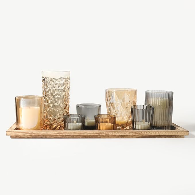 Rustic Wooden Tray with 8 Brown Glass Votive Candle Holders, Decorative Tea Light Holder Set for Mantel, Centerpiece, Dini...