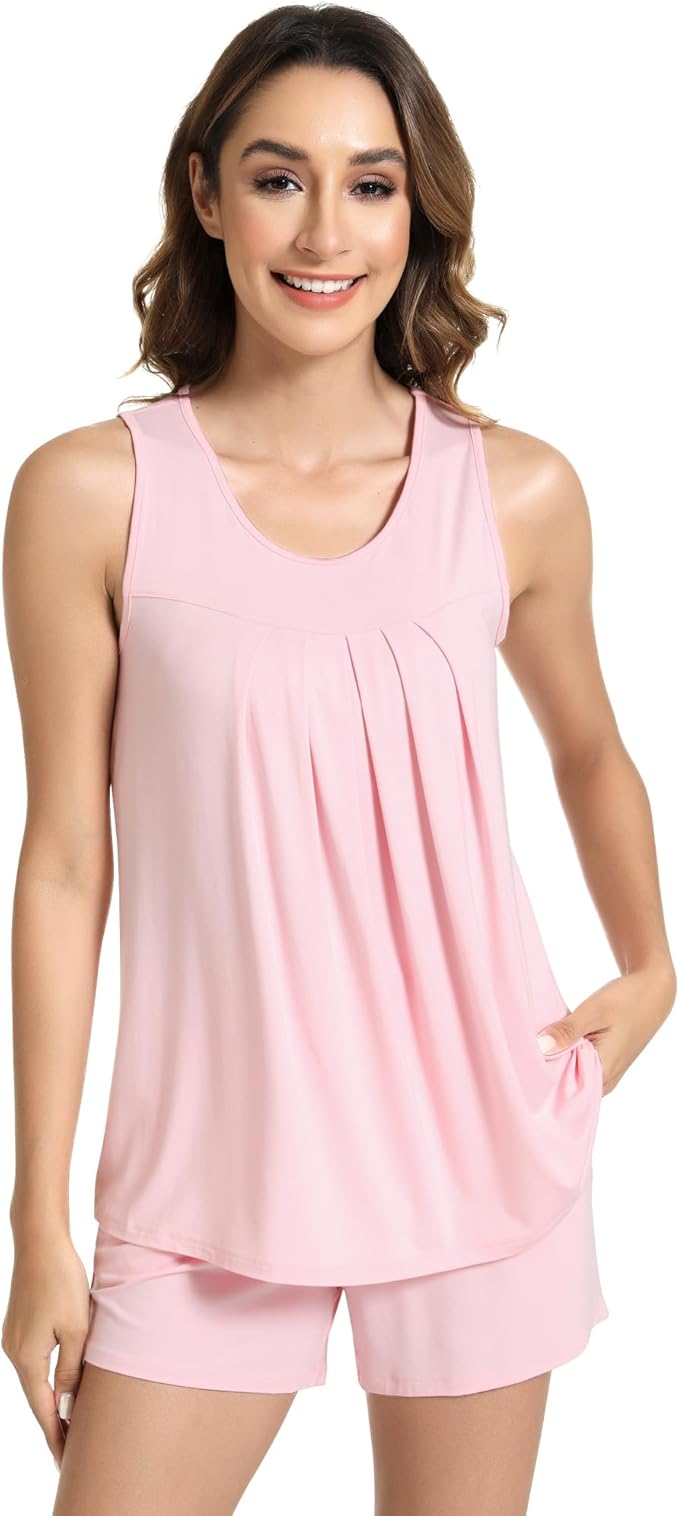 NACHILA Pajamas for Women-Viscose from Bamboo, Ribbed Racerback Tank Top Sexy Split Shorts Pajama Sets Cooling Sleep Cami Pjs